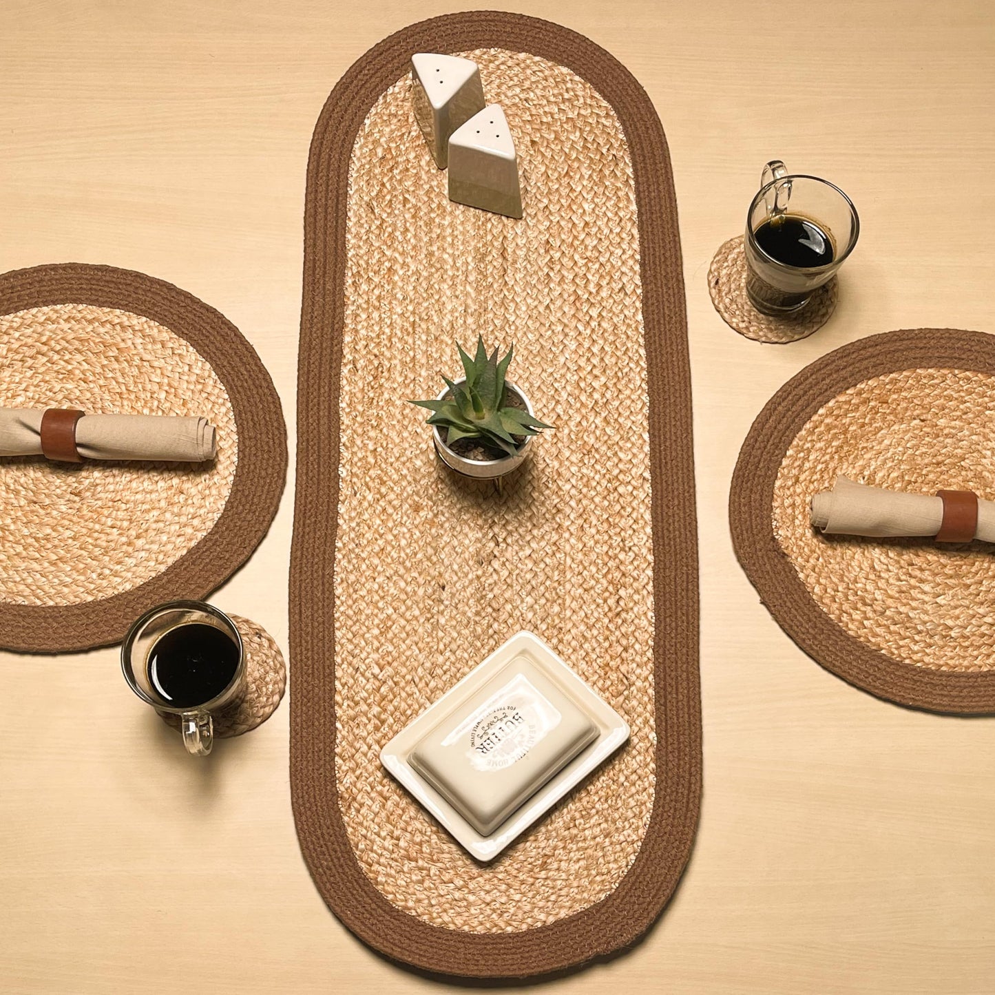 CHARDIN HOME Verona Oval Woven Jute & Cotton Braided Table Runner, Size -13 x 36 Inches, Color - Natural Jute with Brown Border