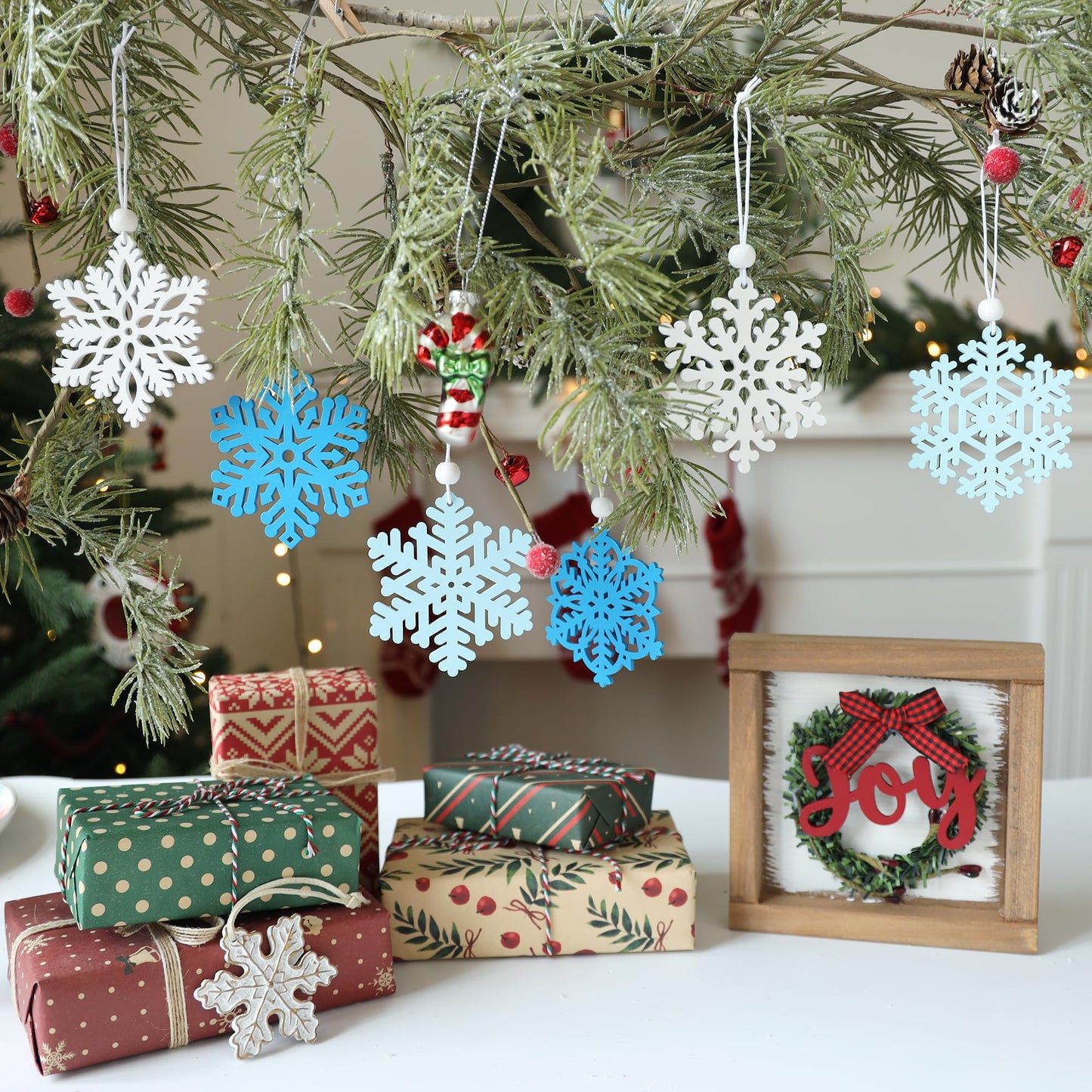 24Pcs Blue Snowflake Ornaments for Christmas Tree Decorations, 3inch Wooden Snowflakes Christmas Ornaments for Winter Wonderland DIY Craft New Year Xmas Supplies
