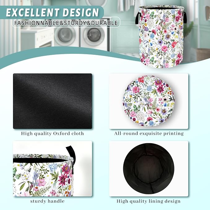 Watercolor Flower Floral Laundry Basket Foldable With Handles Tote Bag Oxford Cloth Colorful Laundry Hamper Clothes Storage Bucket Toy Organizer 18.9" x 16.5" For Bathroom/Laundry/Bedroom