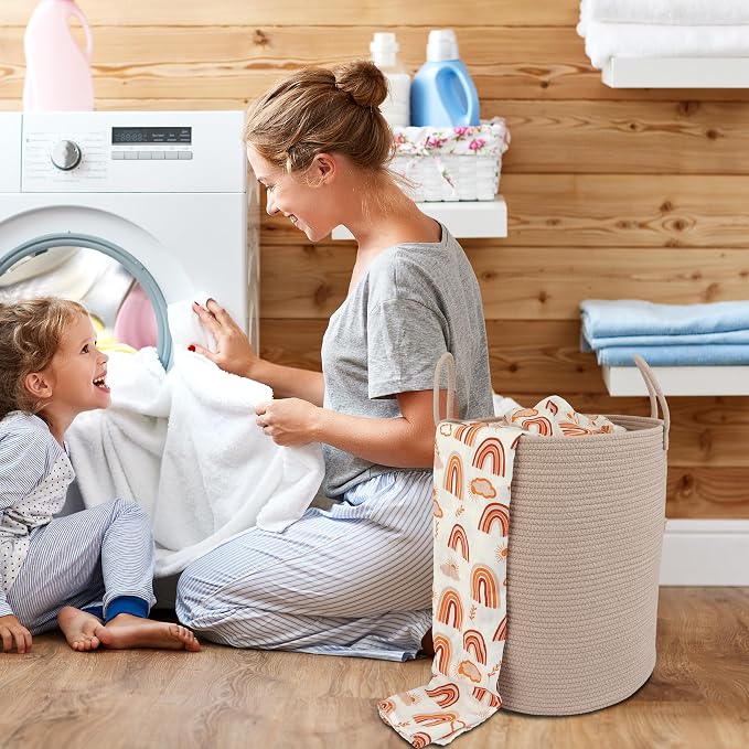 XUANGUO Cotton Rope Laundry Basket Hamper for Clothes Woven Storage Basket for Living Room Bedroom Boho Tall Rope Baskets for Blanket Toys Pillow Towels Baby Nursery Hamper Bin Konjac