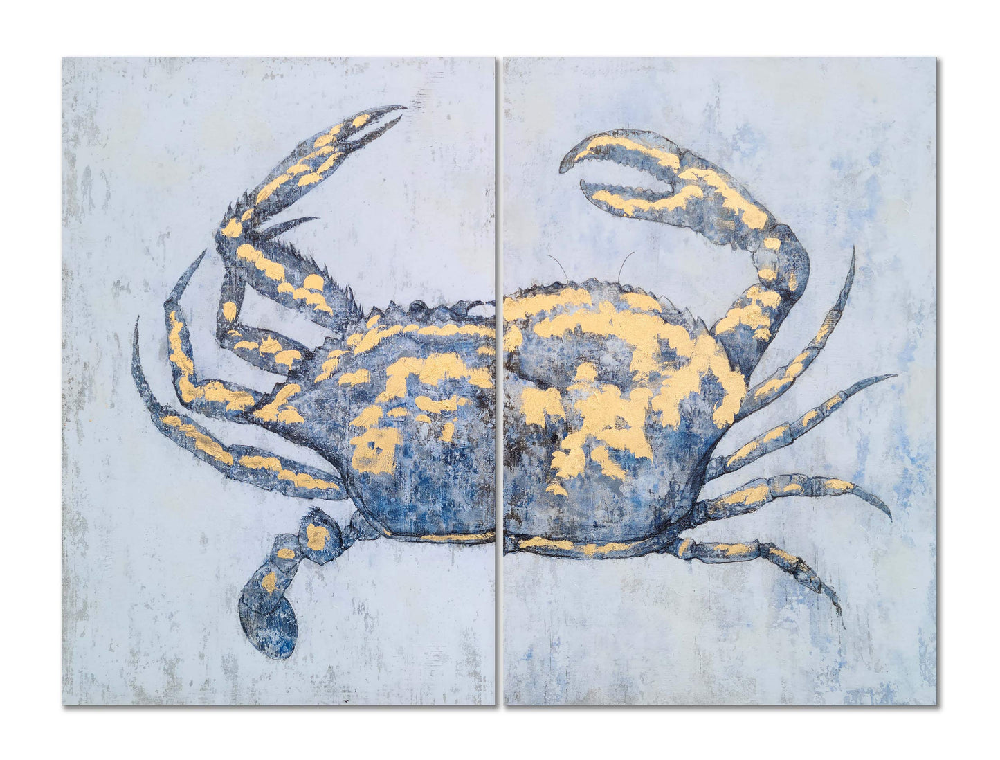 Yihui Arts Blue and Gold Foil Crab Diptych Wall Art - Nautical & Retro Art Decor for Home