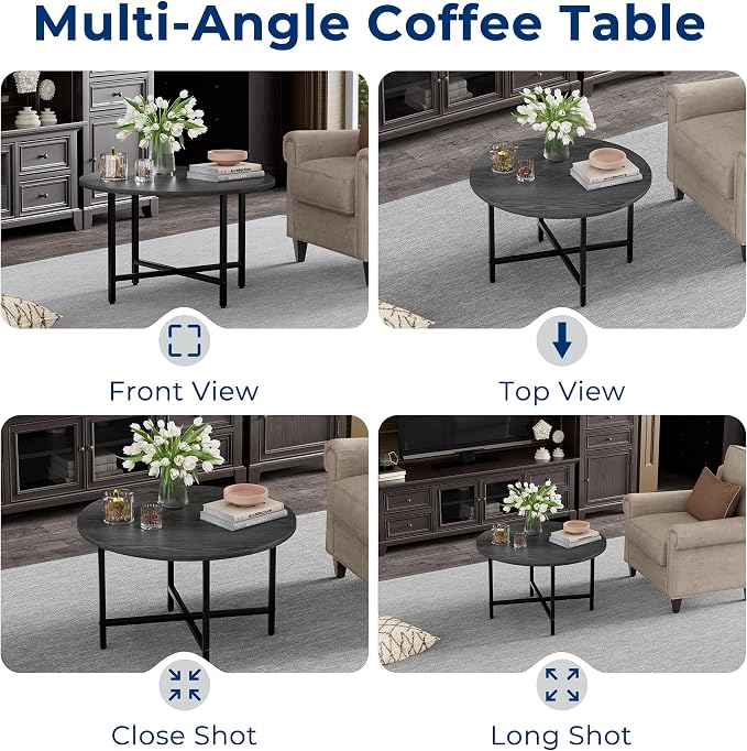 FAMIDGE Round Coffee Table, 23.6" Small Coffee Tables for Living Room, Circle Coffee Table with Metal Frame, Floor Table Desk for Sitting on The Floor, Home, Office, Grey