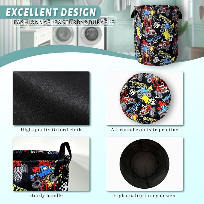 Funny Cars Printed Laundry Basket Foldable With Handles Tote Bag Oxford Cloth Colorful Laundry Hamper Clothes Storage Bucket Toy Organizer 18.9"x16.5"For Bathroom/Laundry/Bedroom