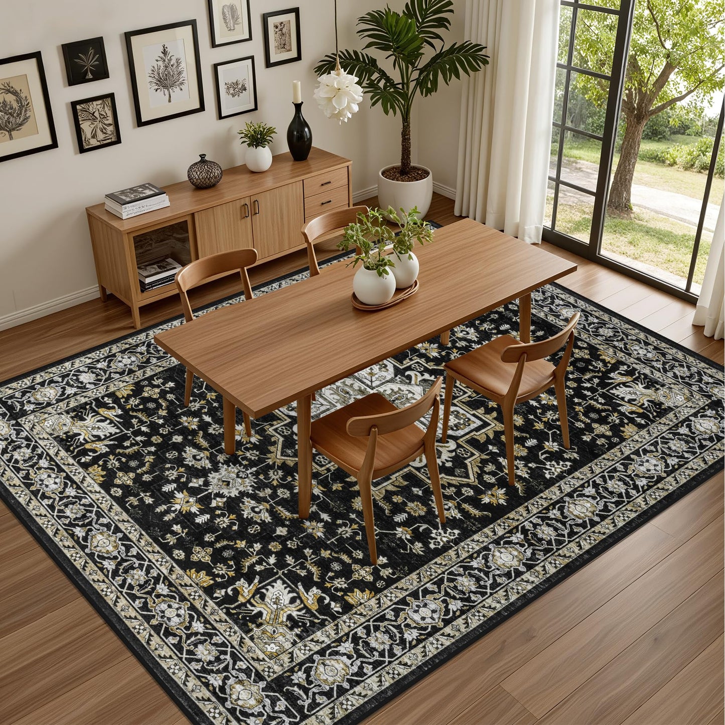 3x5 Area Rugs Living Room Rug: Washable Vintage Boho Medallion Rug No Slip Stain Resistant Soft Carpet Indoor Large Carpets for Bedroom Dining Room Farmhouse Nursery Hallway Home Office Black Gold