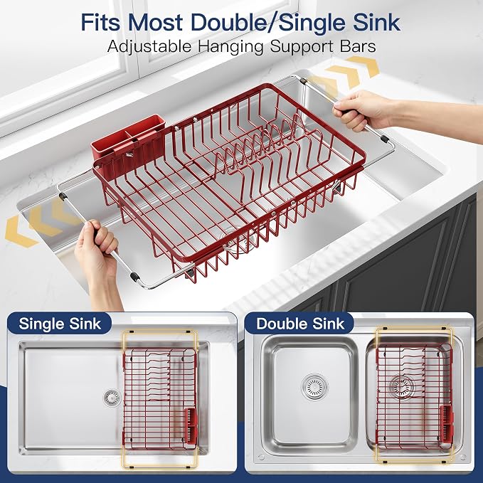 JASIWAY Red Expandable Stainless Steel Dish Drying Rack Over The Sink for Small Kitchen, Counter Space Saving Compact Plate Drainer Strainer, Adjustable Hanging Metal Dish Dryer with Utensil Holder