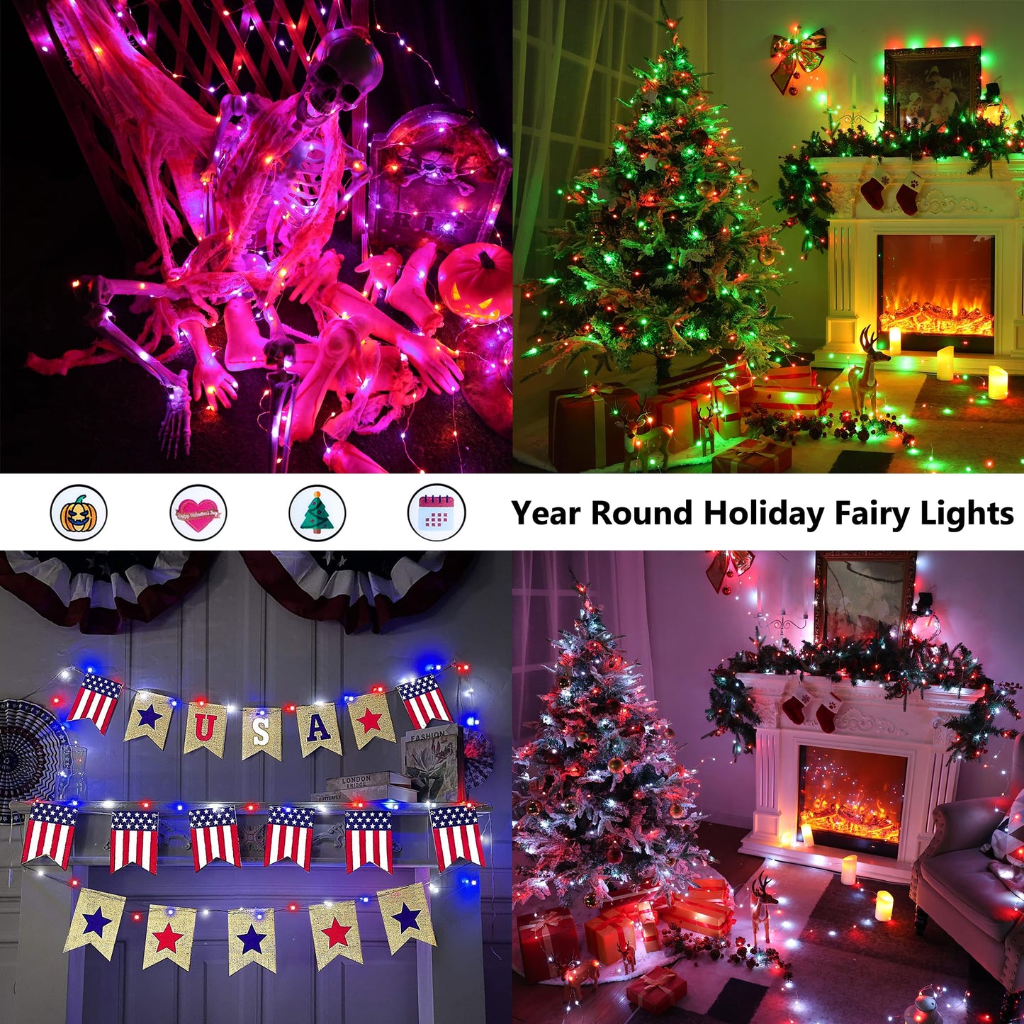 BrizLabs Color Changing Fairy Lights, 66ft 200 LED Red White Blue Fairy Lights with Remote, July 4th Lighting with Timer Dimmable Twinkle Light Music Sync for Indoor Xmas Halloween 4th of July Party
