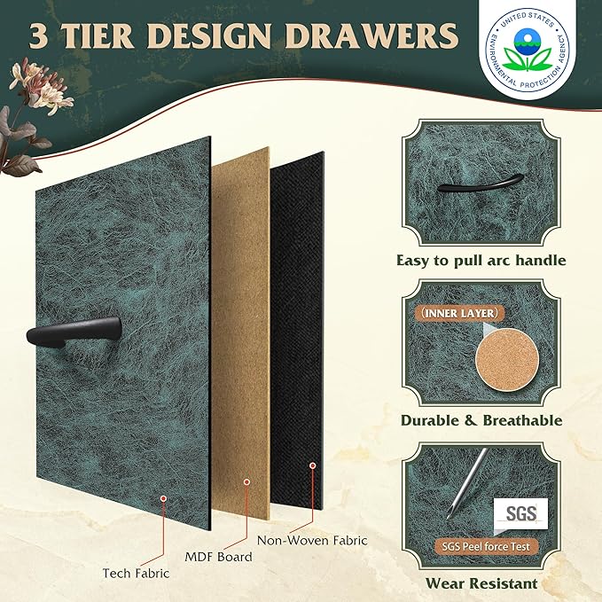 WLIVE Dresser with 4 Drawers, Storage Tower, Organizer Unit, Fabric Dresser for Bedroom, Hallway, Entryway, Closets, Sturdy Steel Frame, Wood Top, Easy Pull Handle, Vintage Green