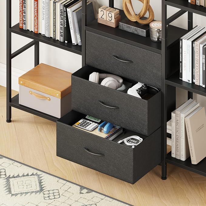 AFLUI Triple Bookshelf with 3 Fabric Drawers, 5-Tier Book Shelf and 10 Display Shelves, Industrial Large Bookcase for Home & Office, Black, 47'' Wide