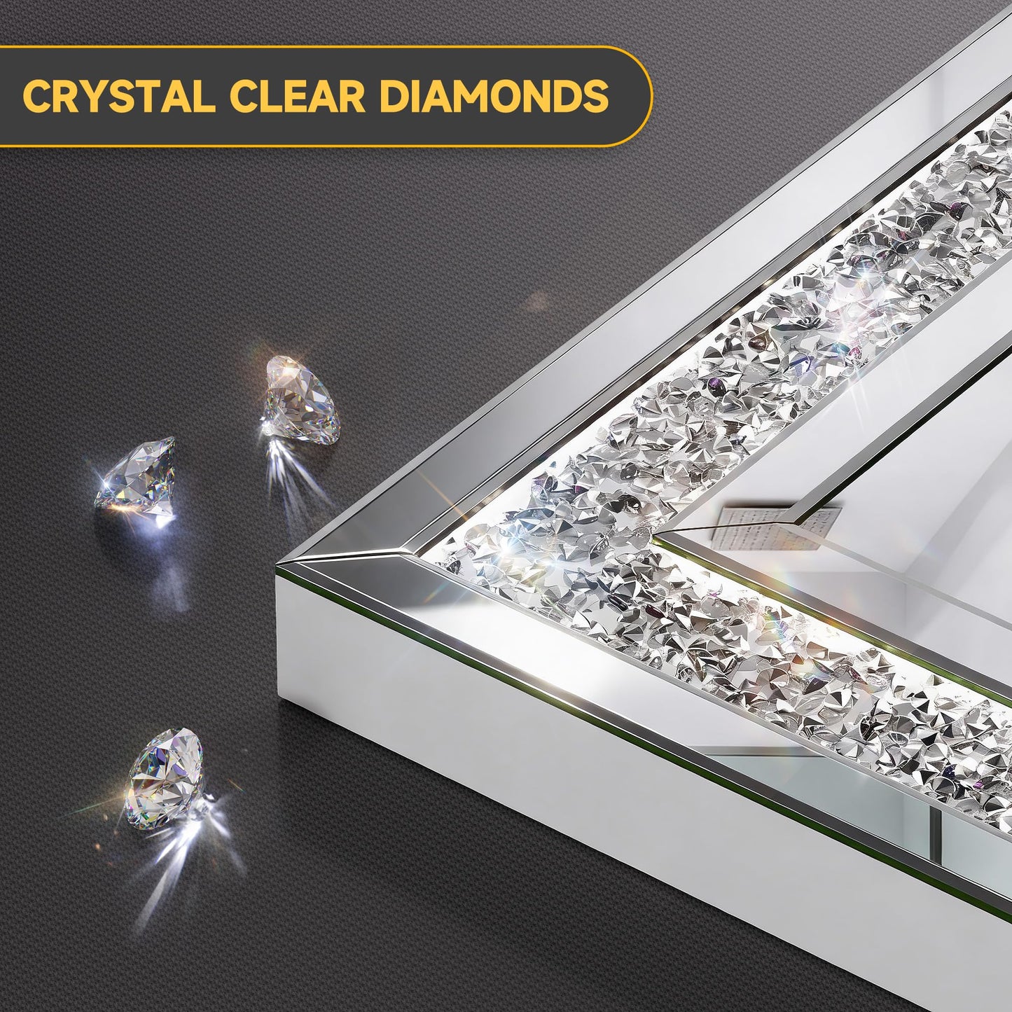 WINNICE 47" x 26" LED Diamond Wall Mirror with Dimming & Anti-Fog, Large Crystal Decorative Mirror for Bathroom, Bedroom, Living Room, Vertical or Horizontal Wall Mount