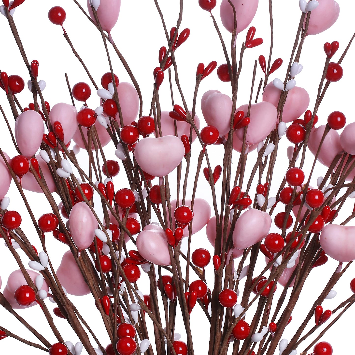 J'FLORU Valentine’s Day Decorations 6 Pack Valentines Day Picks Berry Stems with Pink Hearts for Valentine Decor Anniversary Wedding Decorations (Red/Pink)