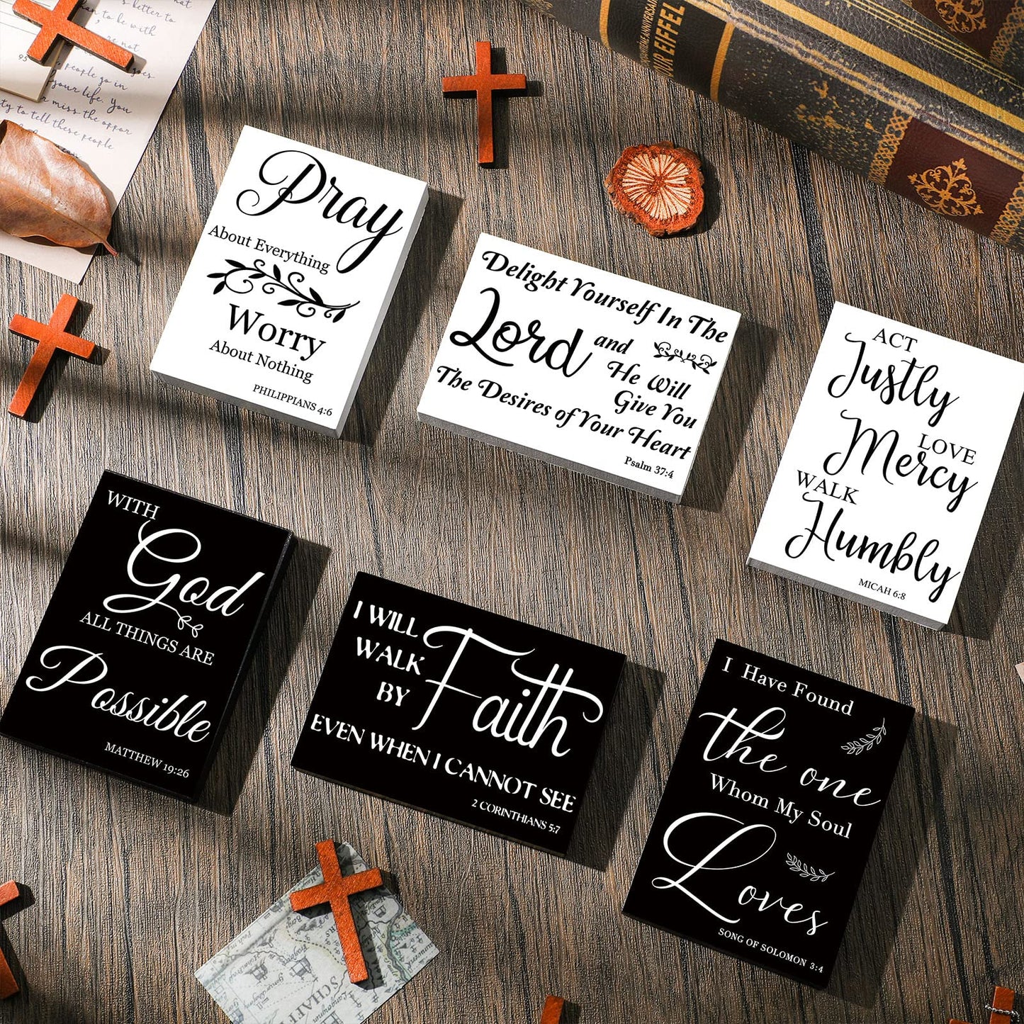 6 Pcs Mini Christian Wooden Signs Bible Verse Decor Inspirational Scripture Wood Block Be Still and Know Religious Plaque Art Church Party Favor Wall Home, 3.5x2.5x0.47 in(Cute Style)