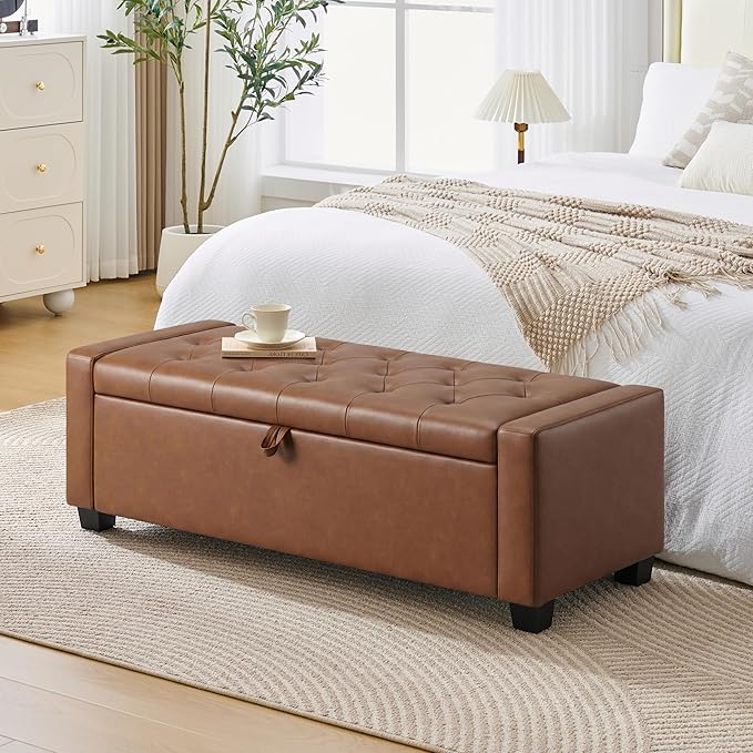 Huatean Home 48" Ottoman with Storage, Storage Ottoman Bench with Safety Hinge, Upholstered Entryway Bench with Seating for Bedroom, Living Room, Holds up to 330 lb, Brown