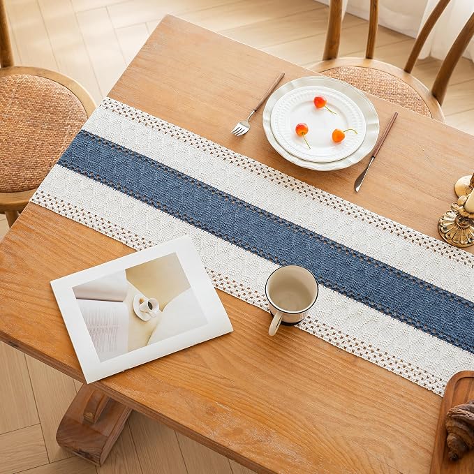 FEXIA Boho Blue Table Runner 60 Inches Long with Tassels Macrame Farmhouse Summer Style Graduation Party Rustic Wedding Baby Shower Dining Kitchen Living Room Decor (12x60 Inches)
