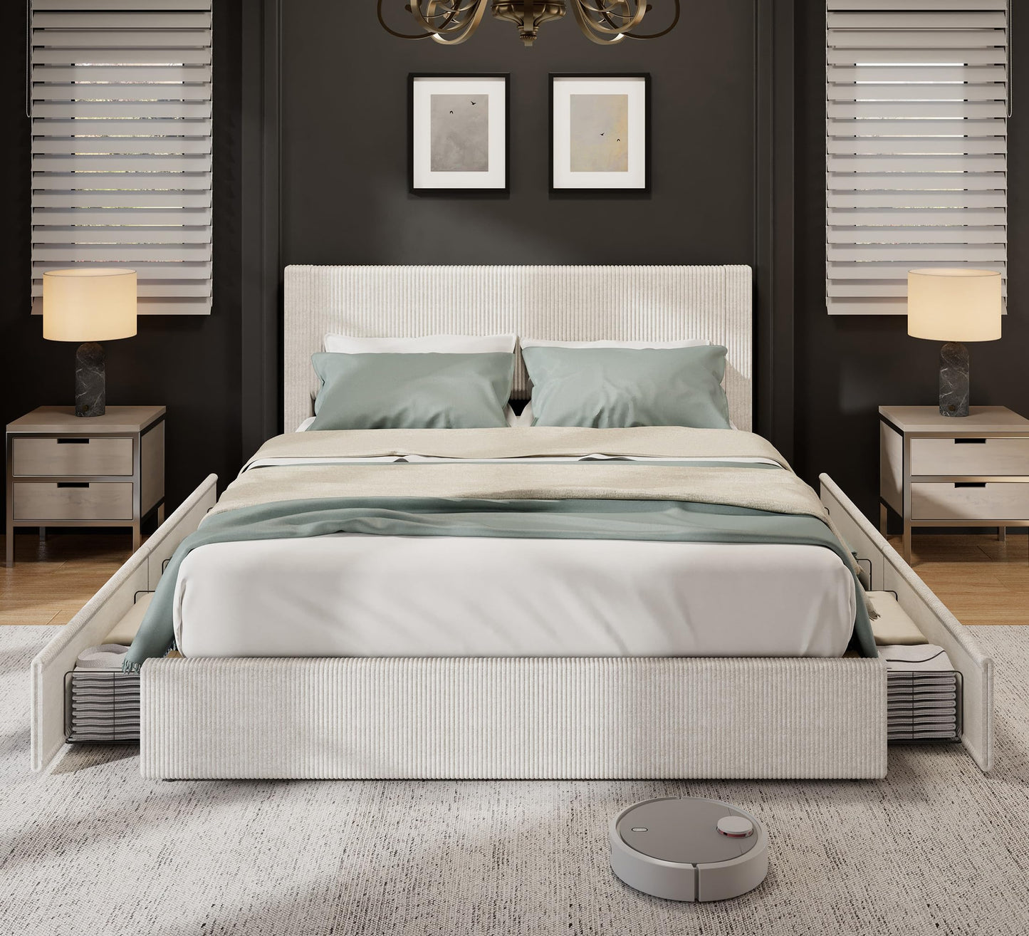 IDEALHOUSE Full Size Bed Frame with Tufted Wingback Headboard, Platform Corduroy Upholstered Bed Frame with 4 Storage Drawers and Wooden Slats Support, No Box Spring Needed, Beige