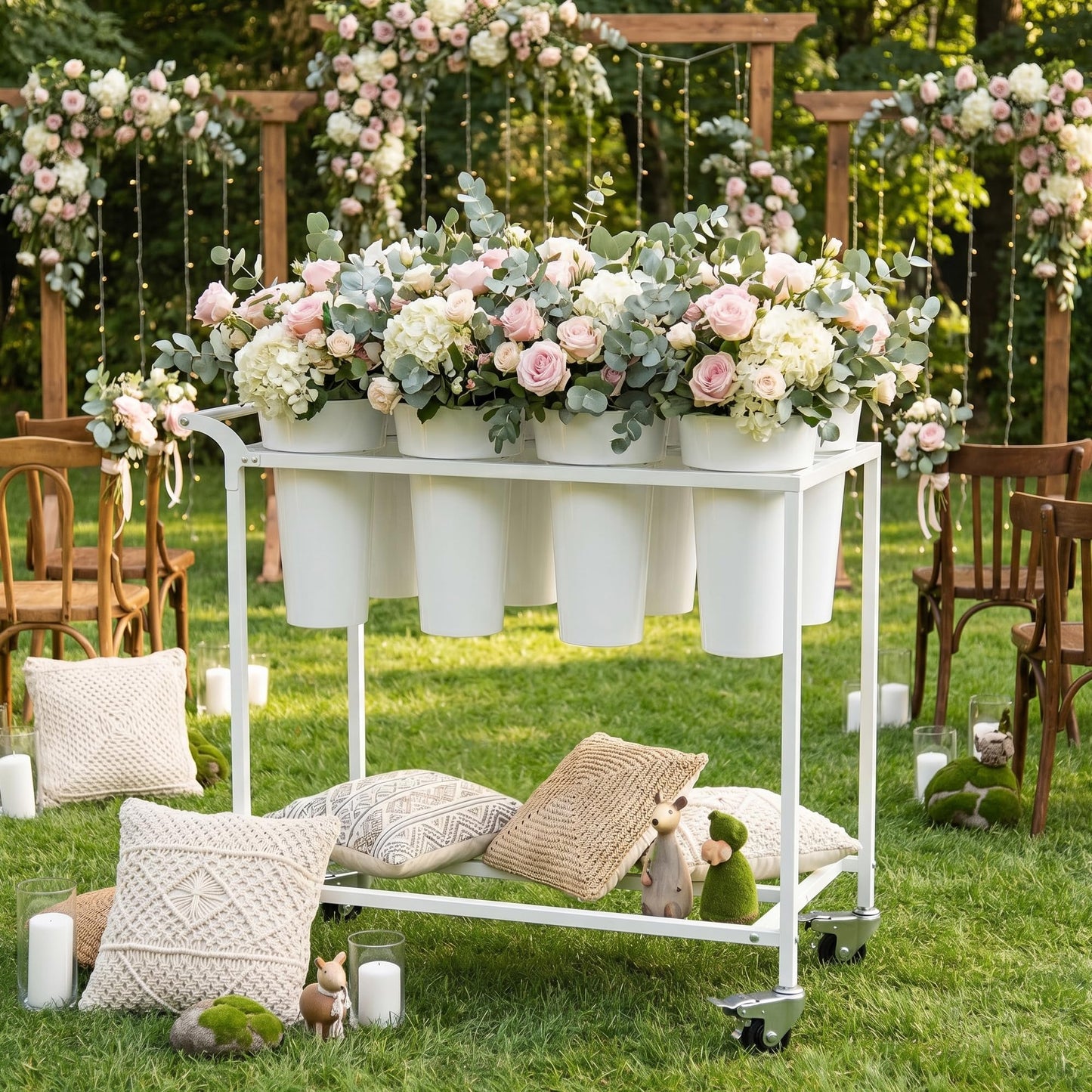 VGMiu Flower Display Stand with 8 Buckets,Flower Cart White Metal Flower Bar Stand with Wheels, Moving Florist Bouquet Shelf for Weddings Florist Indoor Outdoor Patio Garden Living Room