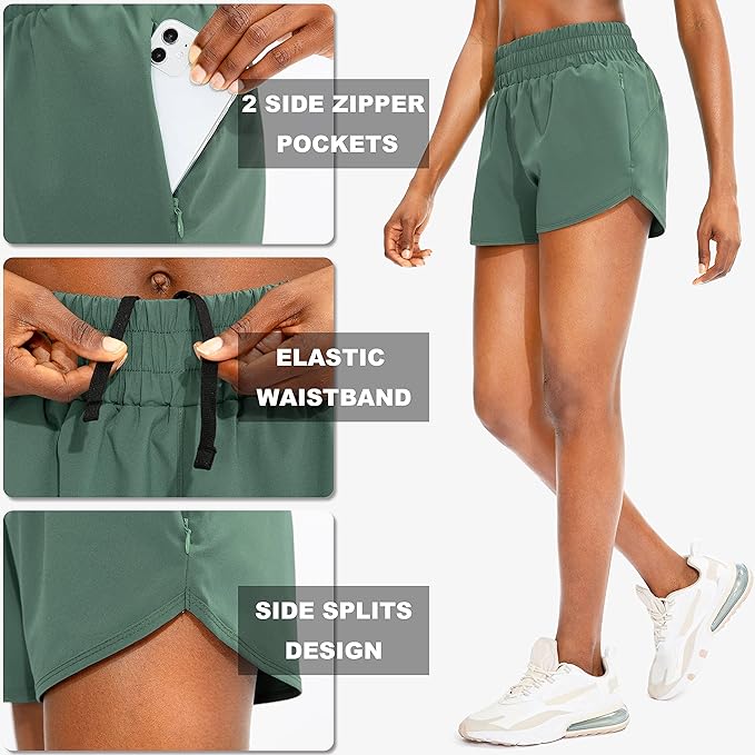SANTINY Women's Running Shorts with Zip Pockets High Waisted Athletic Workout Gym Shorts for Women with Liner