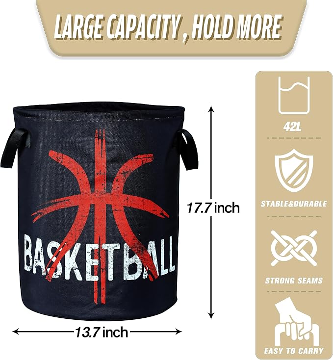 Basketball Laundry Basket Ball Foldable Oxford Cloth Funny Tote Bag Laundry Hamper Clothes Storage Bucket Organizer For Bathroom/Laundry Storage/Bedroom 18.9x16.5 Inch