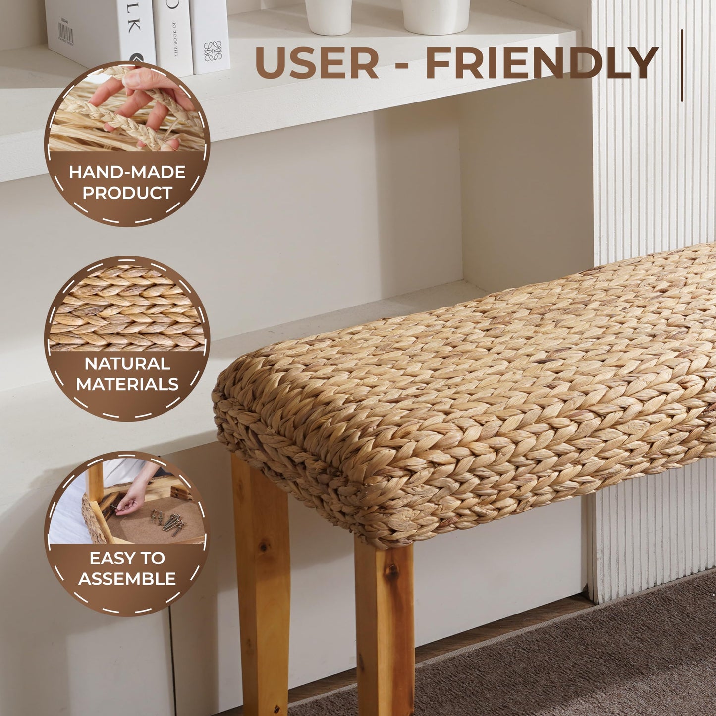 Solid Wood Acacia Indoor Bench with Natural Woven Seat, 47 Inch Wood Bench for Living Room or Entryway Benc, Bedroom End of Bed Bench or Dining Benches, Window Bench (Fishbone, Water Hyacinth)