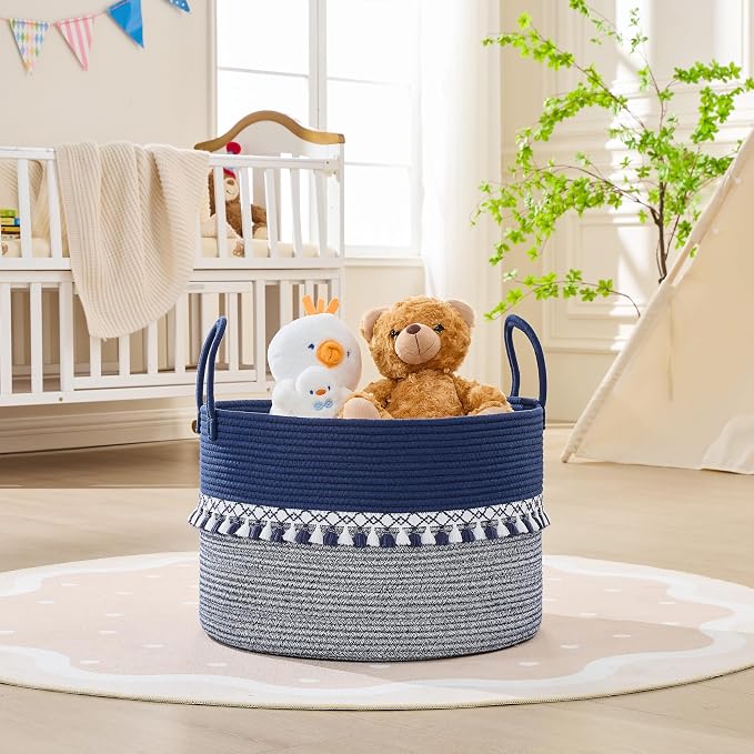 KAKAMAY Cotton Rope Storage Basket (20"x13"),Woven Hamper for Blankets,Toys,Pillows,Clothes,Laundry,Sturdy Handles Decorative Basket for Living Room, Bedroom,Nursery(Blue/White)