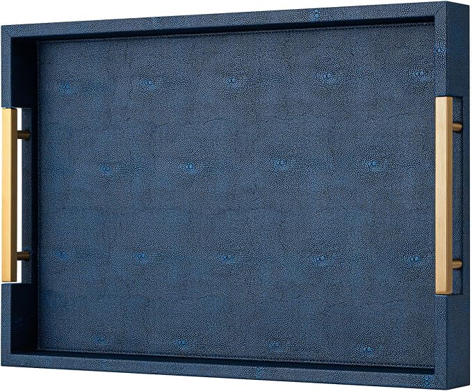 Navy Blue Faux Leather Serving Tray with Handles – Large Decorative Tray for Coffee Table, Ottoman, Living Room, Bathroom – Home Decor