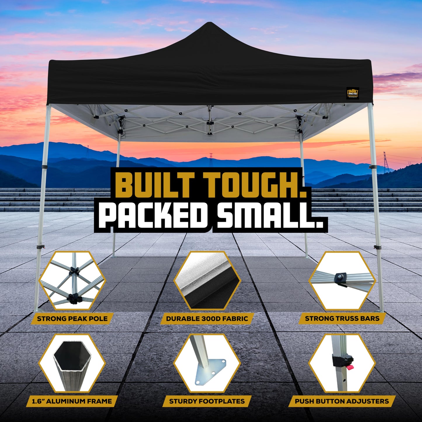 Compact Shelter - 10x10 Heavy Duty Pop Up Canopy - Easy Setup, Commercial Grade Aluminum Frame, 42” Folded Frame Height, UPF 50+, Portable Tent for Beach, Events, Camping, Roller Bag (White)