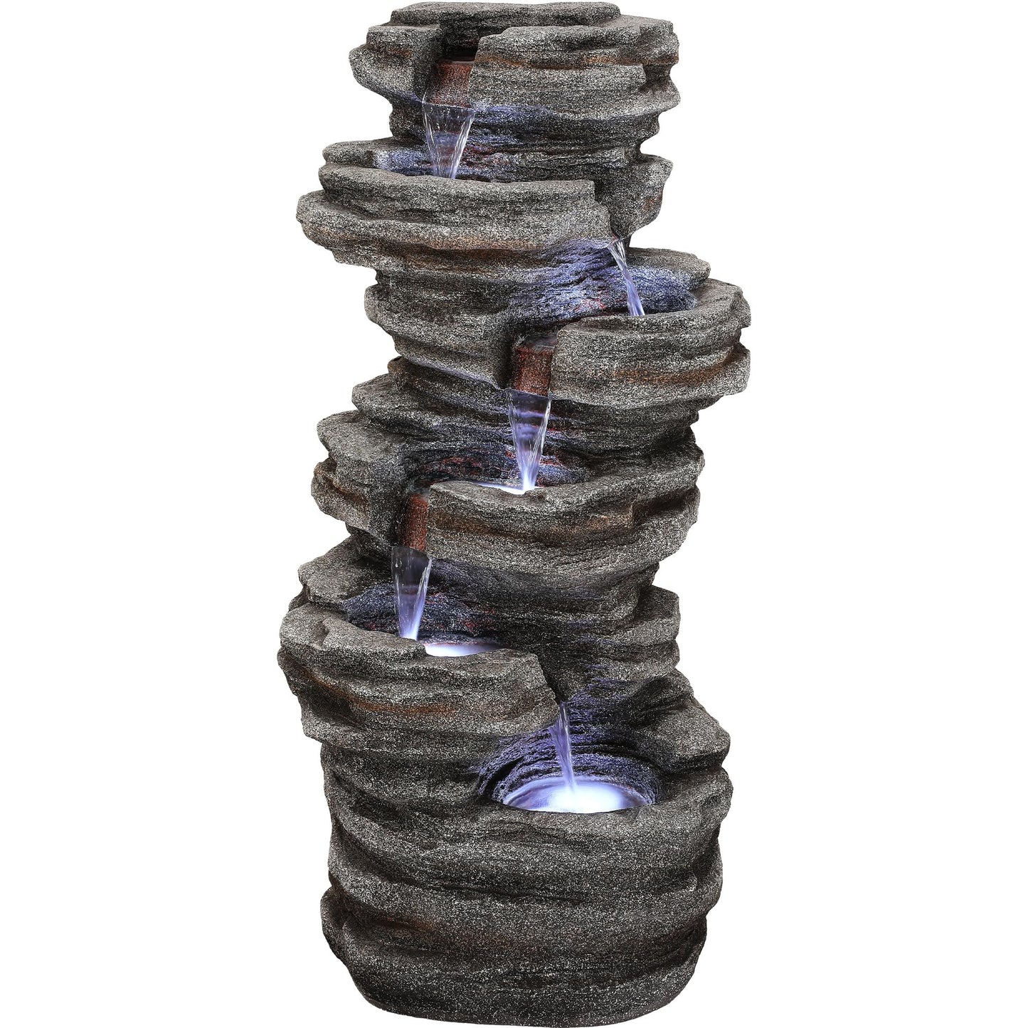 Ultym Extra-Large 6-Tier Outdoor Water Fountain with LED Lights, Cascading Rock Waterfall for Garden Patio Porch, Weather-Resistant Polyresin Water Feature for Tranquil Oasis