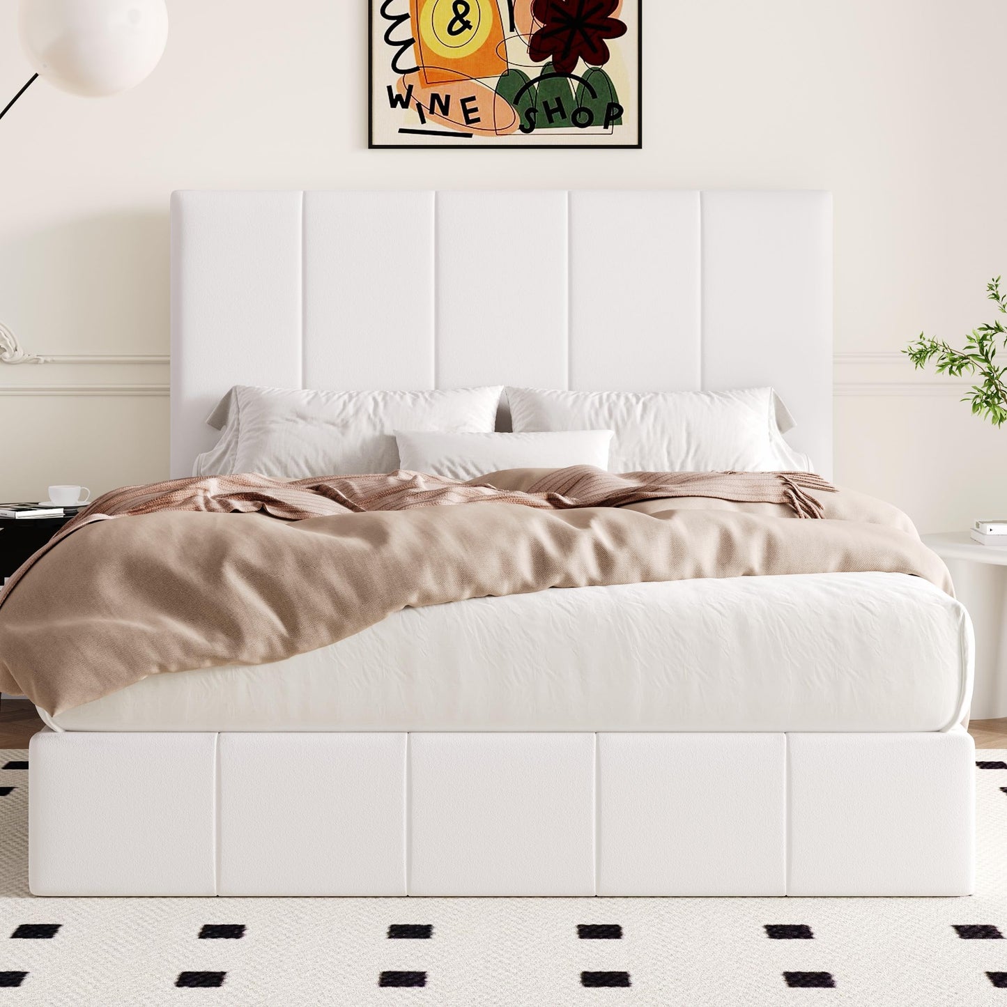 Allewie Full Size Velvet Lift Up Storage Bed Frame, Vertical Channel Tufted Headboard, Hydrualic Underneath Storage, Upholstered Platform Bed, Wooden Slats Support, No Box Spring Needed, White
