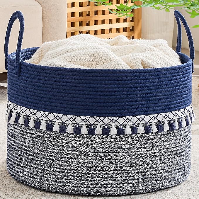 KAKAMAY Cotton Rope Storage Basket (20"x13"),Woven Hamper for Blankets,Toys,Pillows,Clothes,Laundry,Sturdy Handles Decorative Basket for Living Room, Bedroom,Nursery(Blue/White)