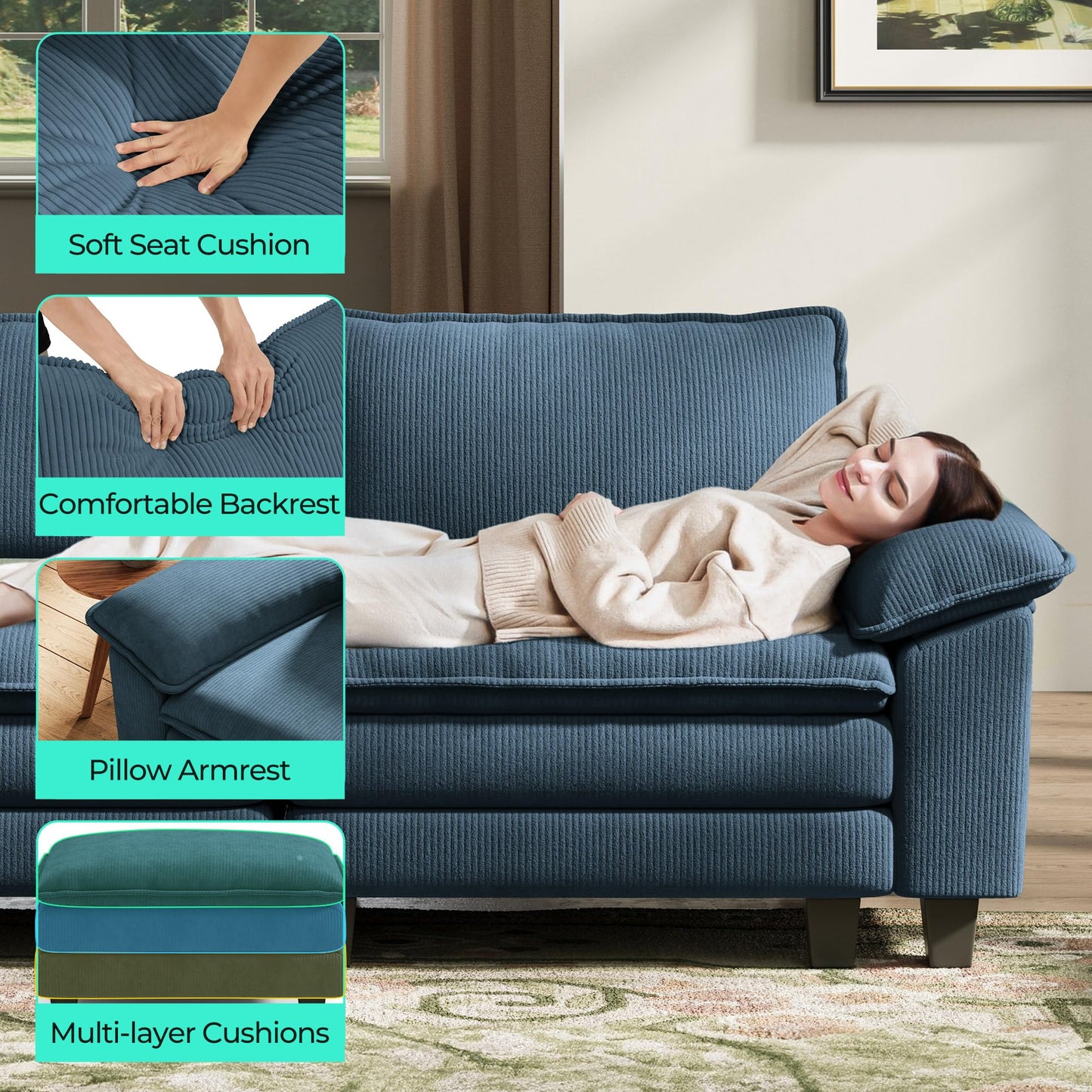 LINSY HOME 157'' Modular Sectional Sofa Blue Couch Corduroy Cloud Couches for Living Room, U Shaped Couch with Movable Ottoman, Modern Cloud Sectional Sofas for Bedroom and Apartment, Blue