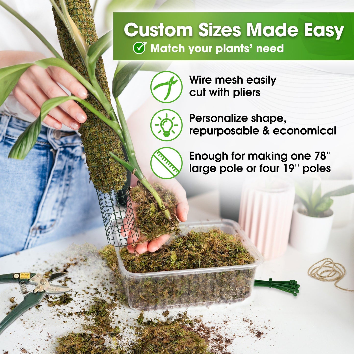 DUSPRO DIY Moss Pole Kit, Metal Moss Pole for Plant Monstera, Pothos, Philodendron, 1pc 8.6’’ x 6.5 ft Wire Moss Pole Mesh with Forest Moss, Cable Zip Ties, Gloves