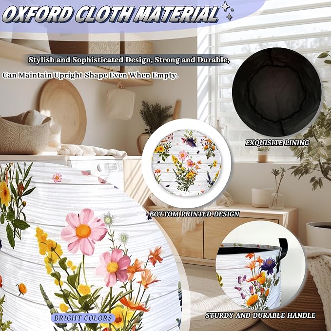 Hawaii Flowers Laundry Basket Foldable Oxford Cloth Colorful Floral Laundry Hamper With Handle Portable Clothes Storage Organizer Basket 18.9"x16.5" Storage Bag For Laundry Room/Bedroom/Dormitories
