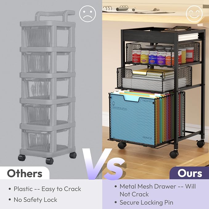 SWTYMIKI Rolling File Cart with Drawers - 4 Tier Under Desk Storage Craft Rolling Organizer Cart - Office Storage &Organization, Mobile Metal Filing Cabinet for Office and Home Black