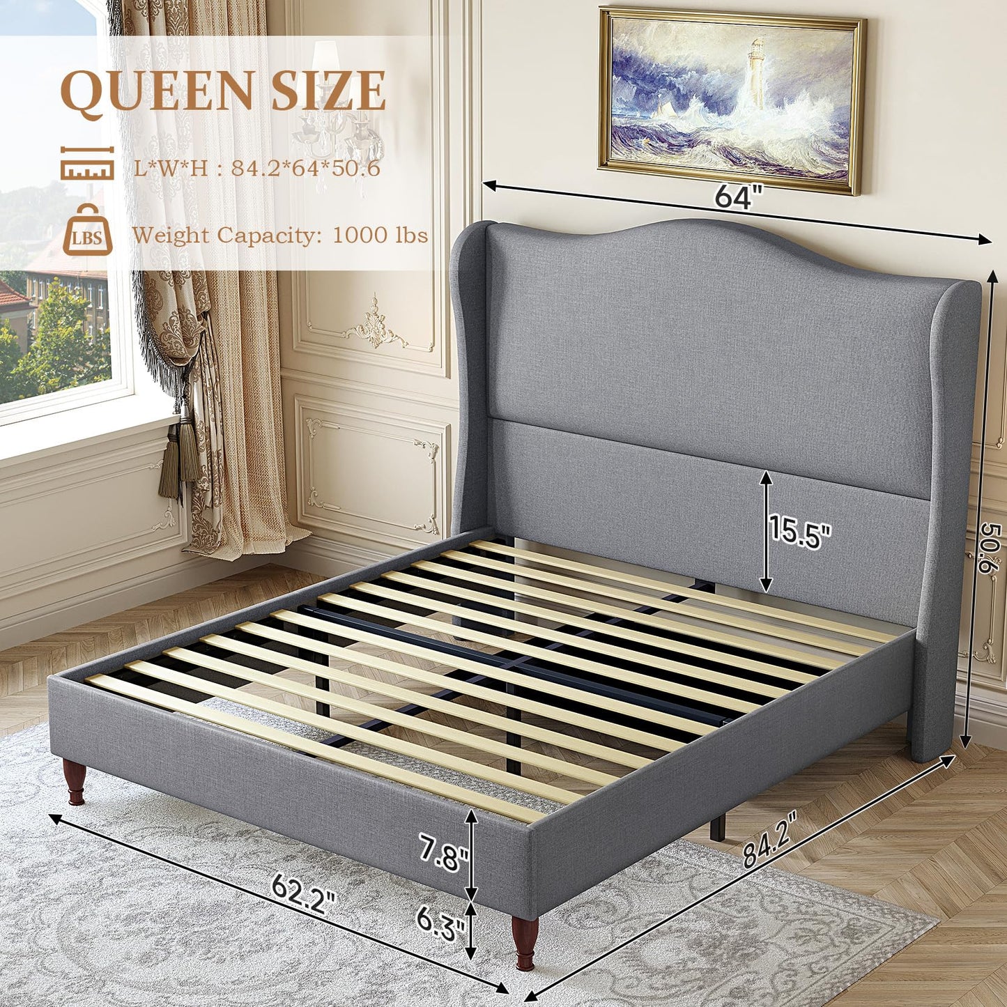 koorlian Queen Bed Frame Upholstered Platform Bed with 51" Tall Headboard Wingback, Soft Fabric, Retro Simple Style No Box Spring Needed, Easy Assembly, Grey