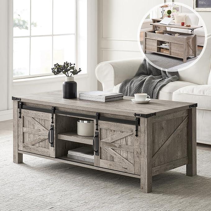 OKD 48" Farmhouse Lift Top Coffee Table with Sliding Barn Door,Rustic Center Table w/Hidden Storage Compartment, Lift Tabletop Dining Table w/Adjustable Shelf for Living Room,Light Rustic Oak