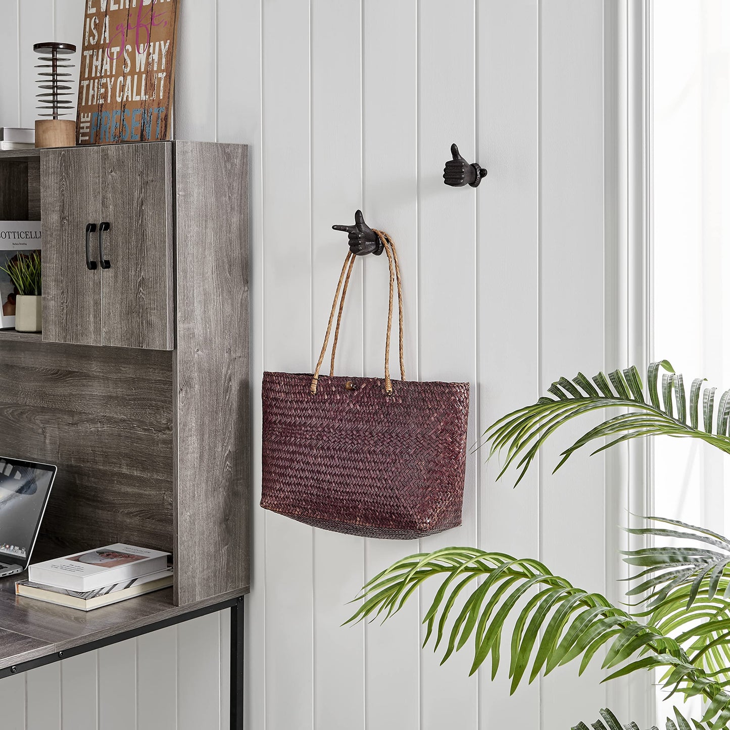 Danya B. "Thumbs up & Pointing Finger" Dark Brown Cast Iron Wall Mount Hook Set (Set of 2), Entryway Hooks or Unique Room Decor for Hanging Coats, Purses, Scarves, or Keys