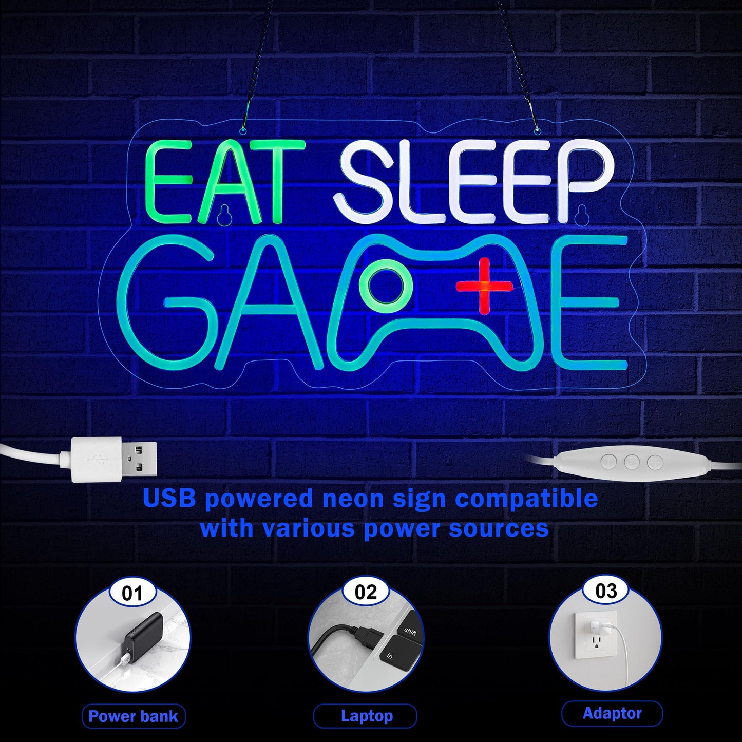 Game Room Decor EAT SLEEP GAME Dimmable LED Neon Sign Beer Bar Man Cave Bedroom Home Art Gaming Neon Light Signs Wall Artwork Sign