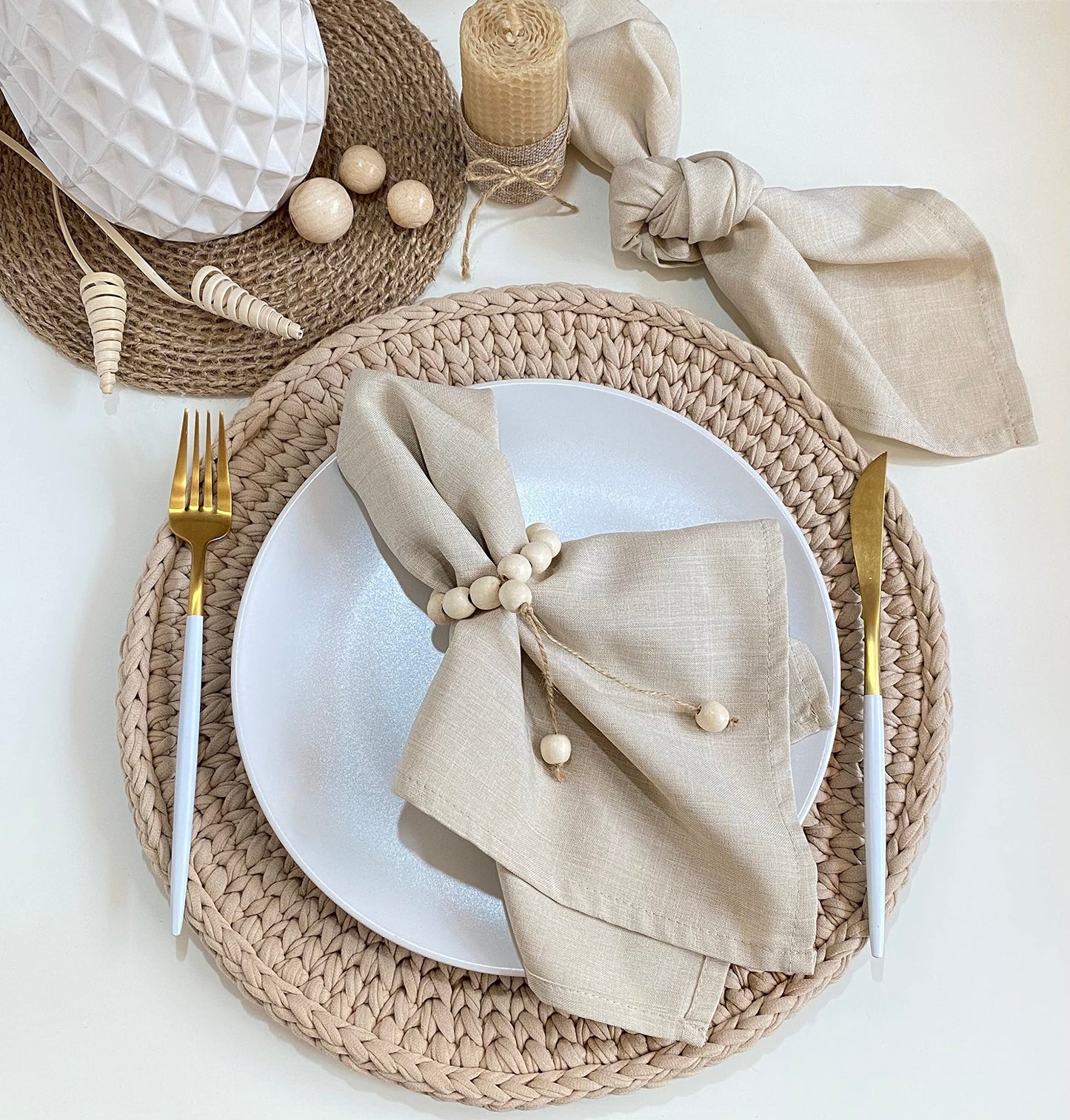 LEBEJUA Handmade Napkin Ring with Wood Beads & Jute Twine - Affordable Rustic Wooden Napkin Ring Holder for Table Decoration | Boho Style Farmhouse Napkin Rings | Napkin Rings Set of 6