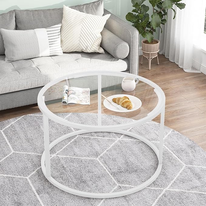Round Glass Coffee Table for Living Room,Minimalist Modern Center Table with Metal Frame for Small Space,Easy Assembly,27 x 27In, White