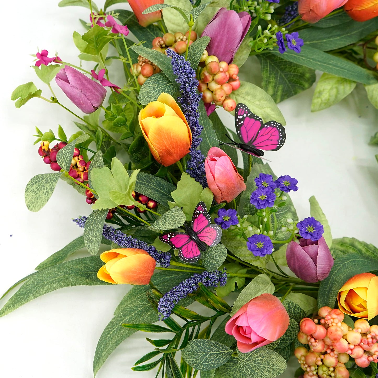WreathDream 22 inch Spring Summer Wreath Tulip Wreath for Front Door with Purple Tassels, Eucalyptus Leaves, Ferns, Butterflies for Indoor Outdoor wall Festival Home Farmhouse Wedding Decor