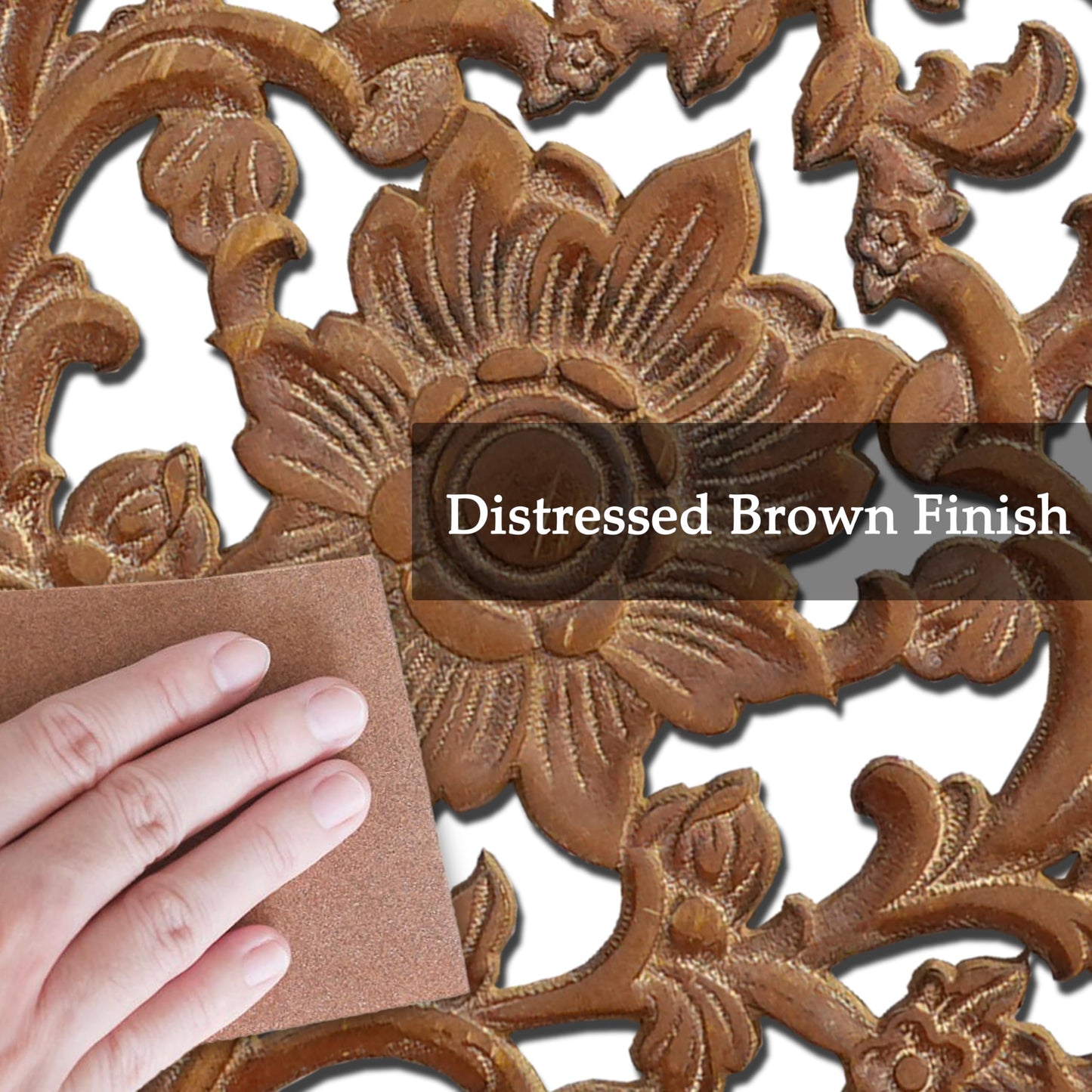 WREVERW Rustic Boho Arched Wood Wall Art, Hand-Carved Floral Panel with Distressed Brown Finish, Vintage Farmhouse Hanging Wall Sculpture for Living Room Bedroom Entryway, 15" x 31"