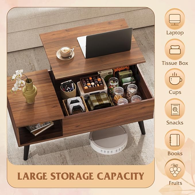 WLIVE Coffee Table for Living Room, Lift Top Coffee Table with Storage, Small Rising Wooden Dining Center Table with Storage Shelf & Hidden Compartment, 39" Brown