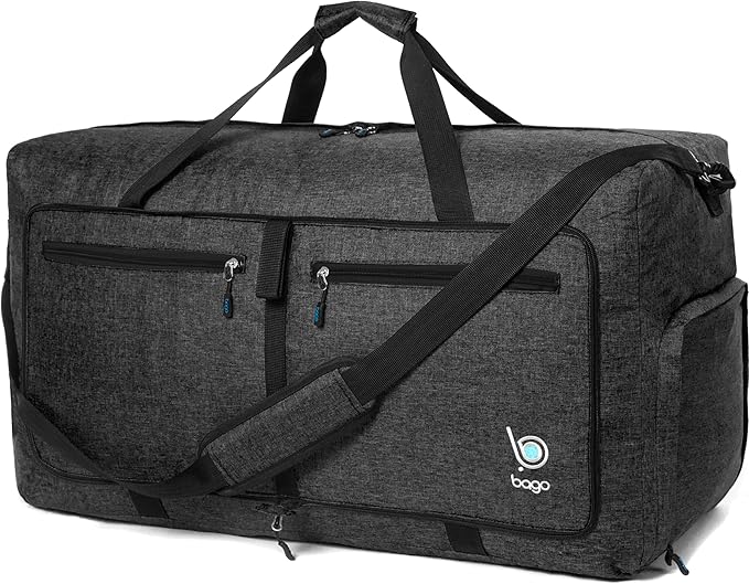 Bago Foldable Duffel Bags for Traveling Women & Men - 60L Medium Packable Duffle Bag for Travel with Shoe Compartment - Water Repellant, Heavy Duty, Lightweight Folding & Collapsible (SnowBlack)