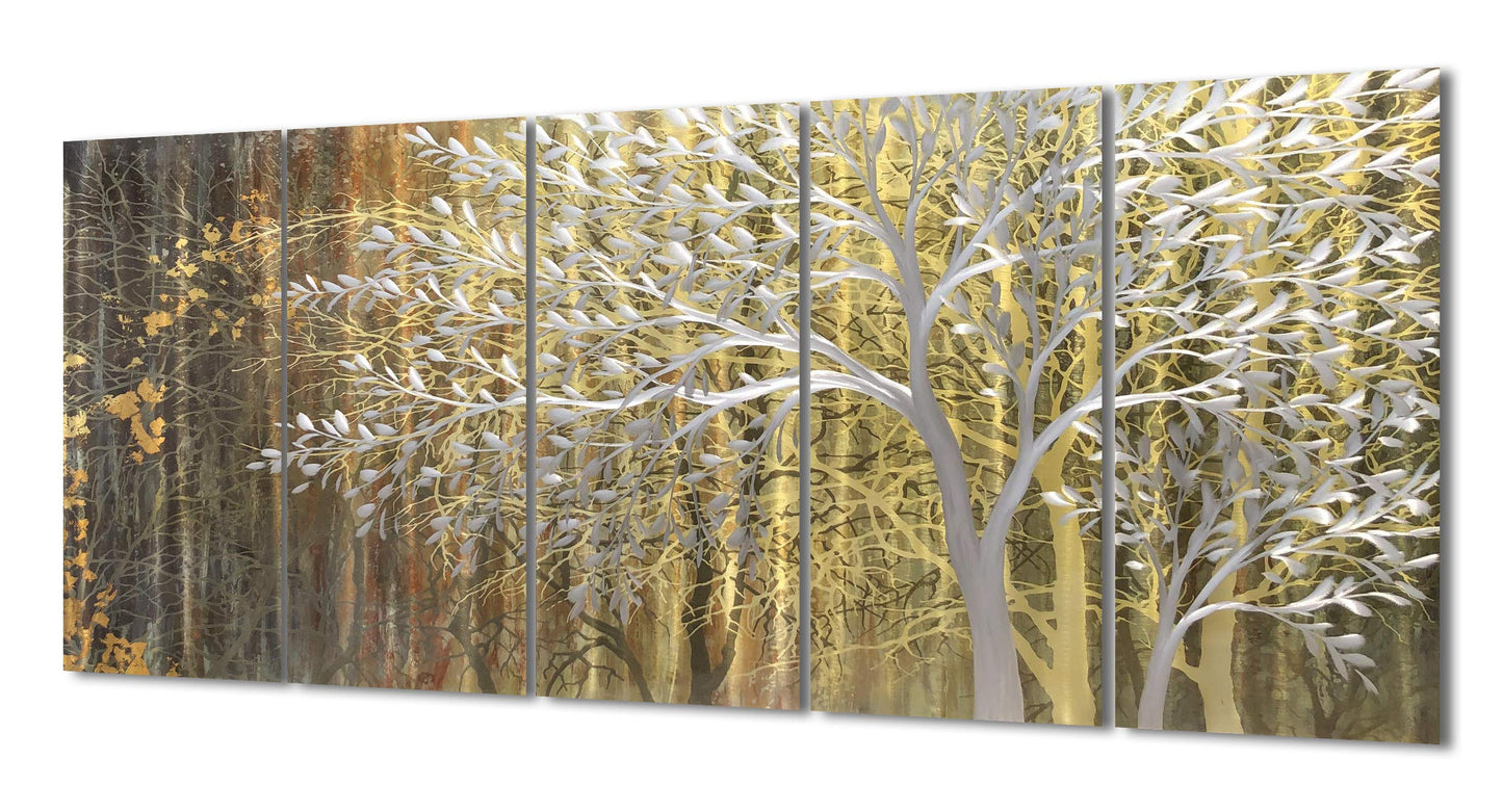 Yihui Arts Gold Metal Wall Art Handcrafted Tree on Aluminum Artwork Modern Forest Pictures with 3D for Living Room Bedroom Kitchen Decor