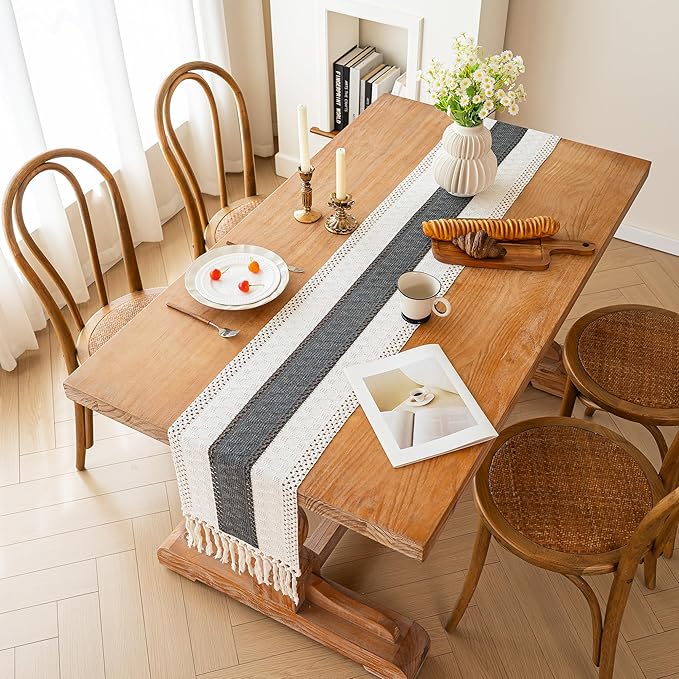 FEXIA Boho Table Runner for Summer Home Decor with Tassels 108 Inches Long Farmhouse Grey Rustic Burlap Table Runner Macrame Table Decoration for Kitchen Bedroom Living Room (12x108 Inches)