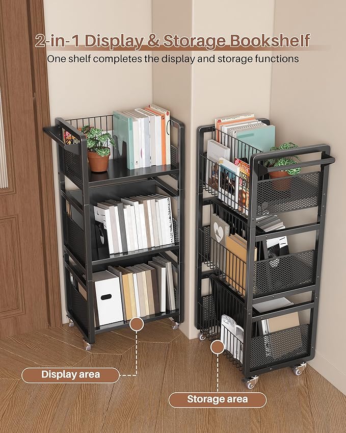 UMDONX Book Cart Heavy Duty Double-Sided with Silent Wheels & 3 Magnetic Book Supports Rolling Bookshelf Library Book Truck for Home, Office, or School