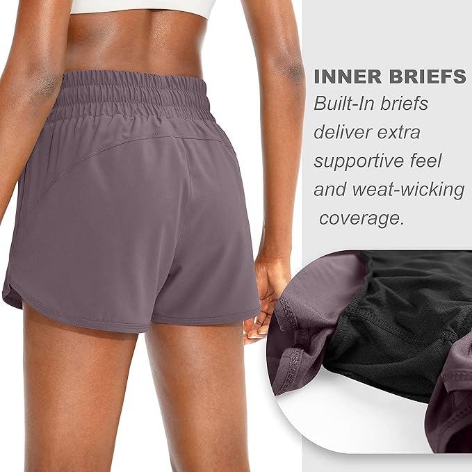 SANTINY Women's Running Shorts with Zip Pockets High Waisted Athletic Workout Gym Shorts for Women with Liner