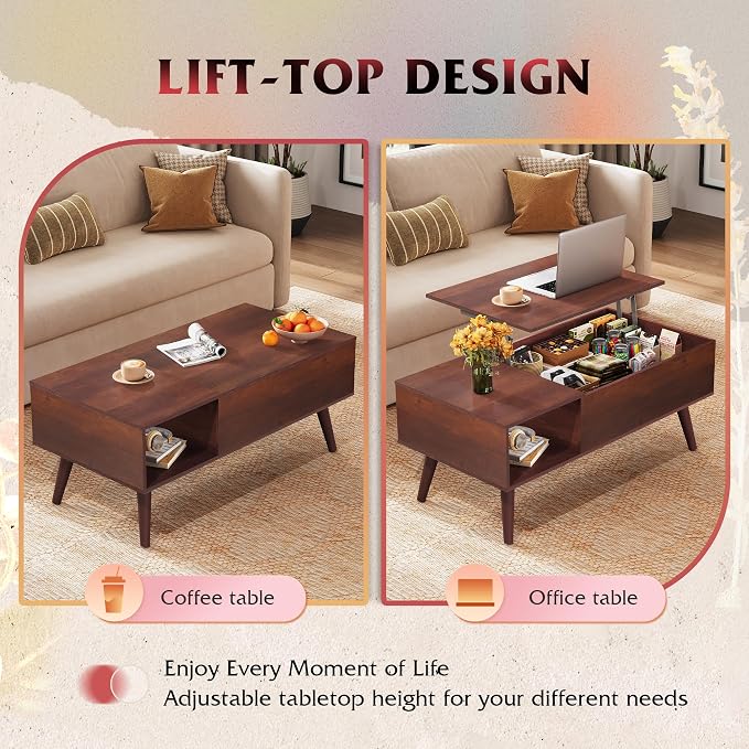 WLIVE Coffee Table for Living Room, Lift Top Coffee Table with Storage, Small Rising Wooden Dining Center Table with Storage Shelf & Hidden Compartment, 39" Espresso