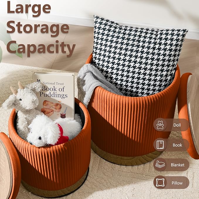 Royal Windsor Round Ottoman with Storage Set of 2, Vanity Stool with Storage for Bedroom, Ottoman Coffee Table Gold-Tone Ring Around the Base, Small Velvet Foot Stool for Living Room, Orange