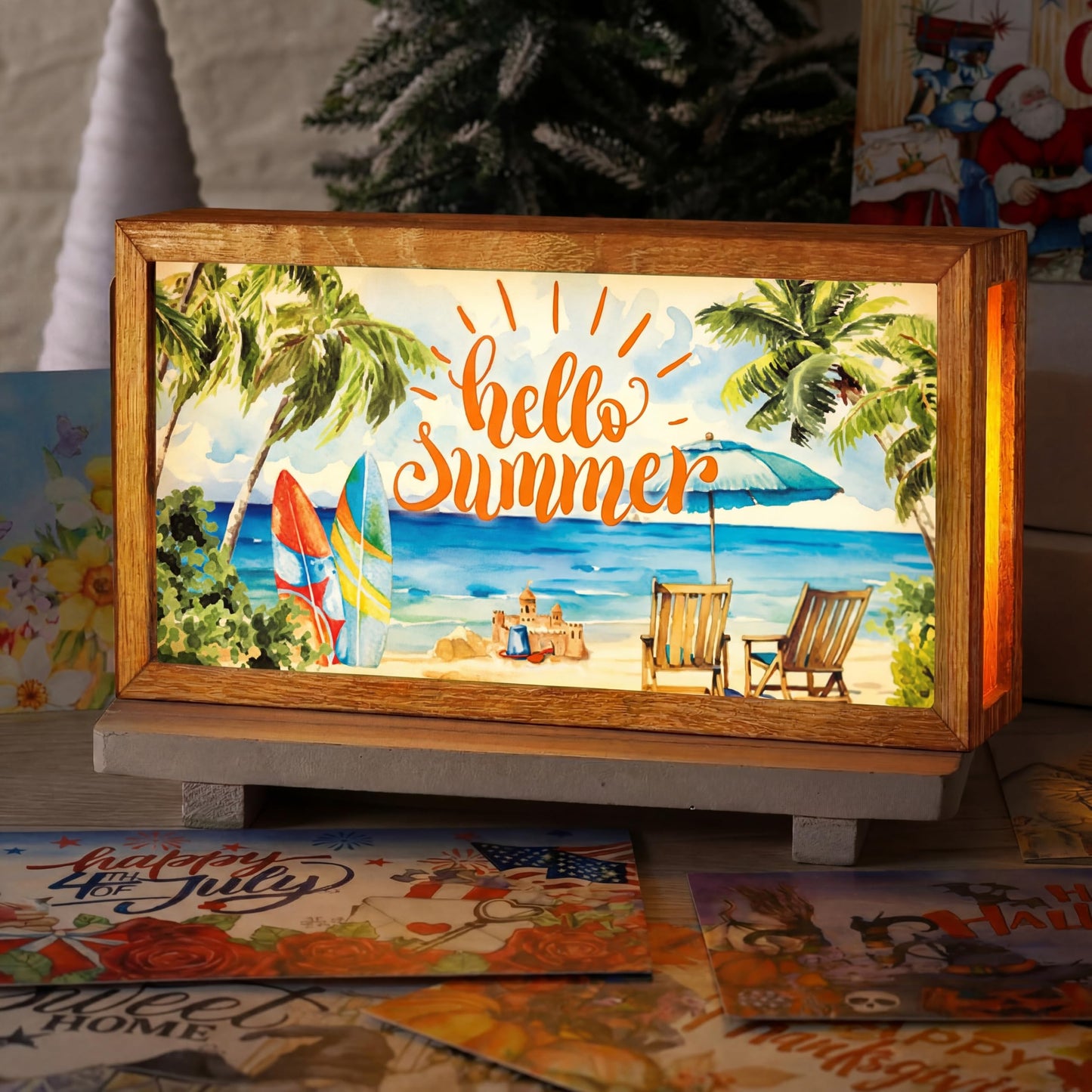 Yuefunny 17 Pcs Interchangeable Holiday Season Sign Fall Thanksgiving Christmas Winter Night Light Shadow Box LED Welcome Wood Sign for Table Decorative Wooden Seasonal Decorations Ornament Gifts
