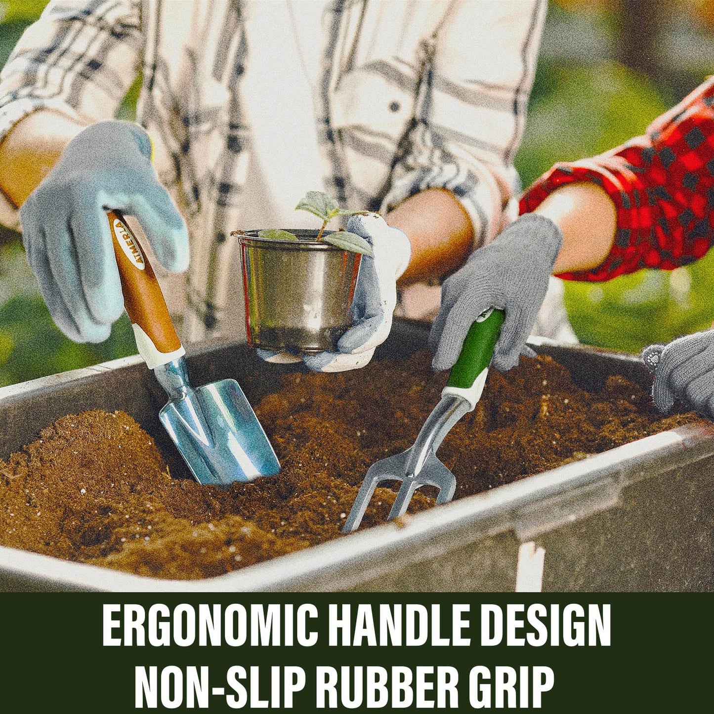 Aimerla Gardening Tools Set of 9 Heavy Duty Garden Tools with Non-Slip Rubber Grip with Large Garden Bag for Tools Durable Hand Tools for Gardening, Weeding,Gardening Gifts for Women,Men (Dark Green)